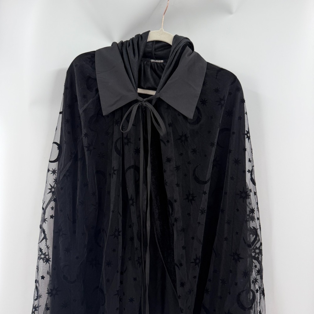 Black Whimsigoth Gothic Cape Dress Set Sheer Celestial Moon Stars Witchy RenFair - Picture 2 of 16
